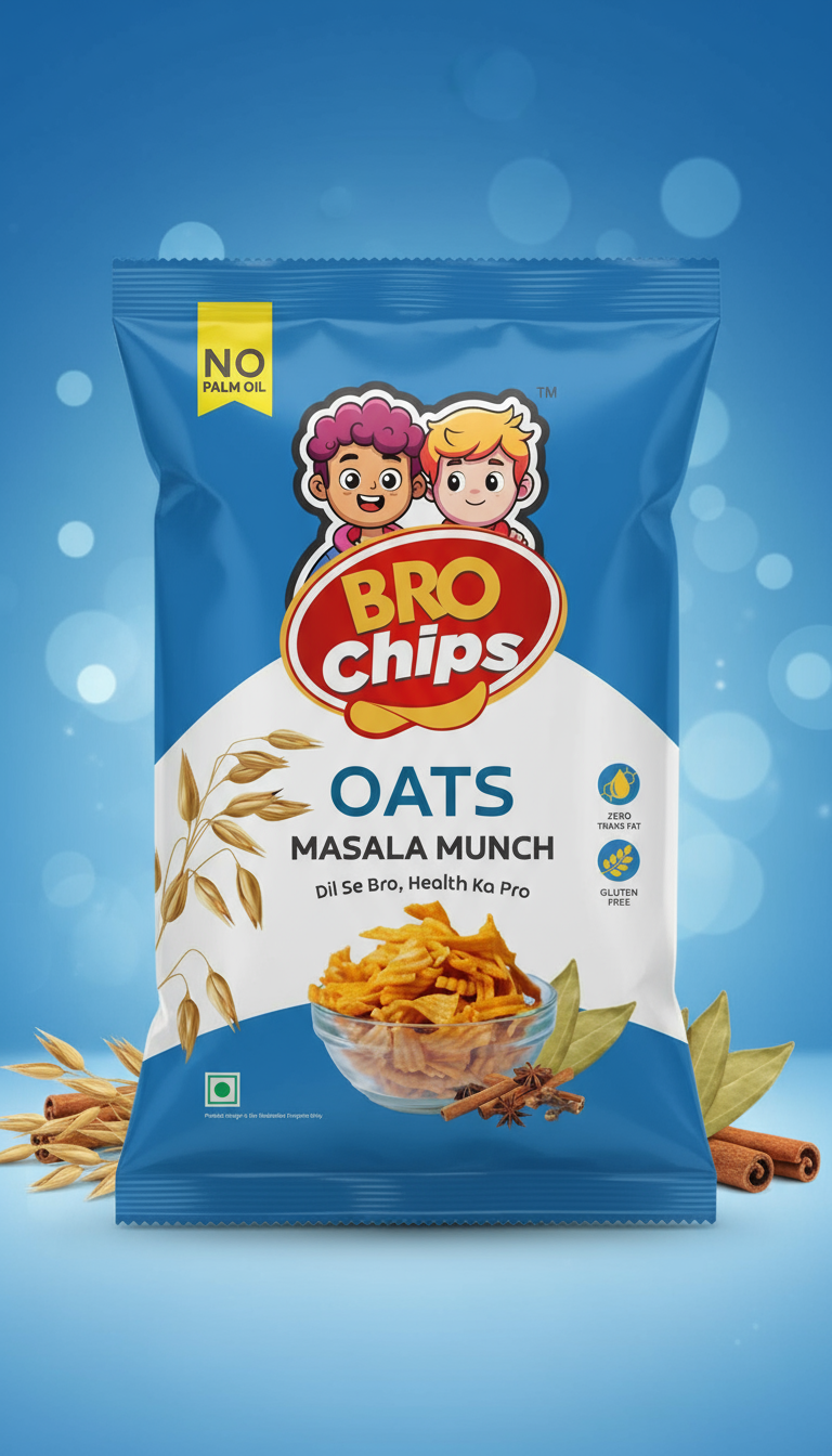 Bag of Brochips Oats Masala Munch
Guilt free healthy snacking, no palm oil, no trans-fat, gluten free, millet made crunchy chips.