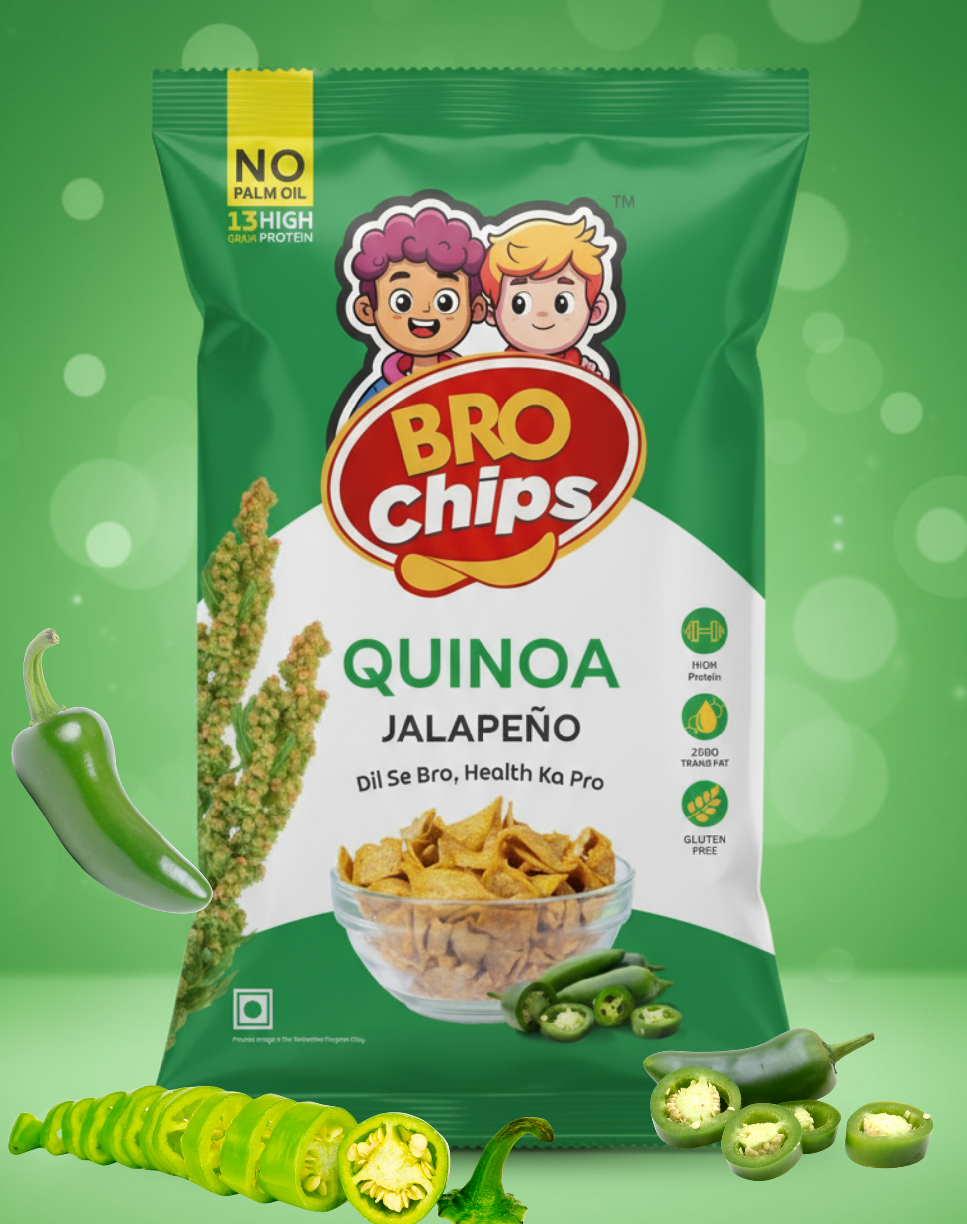 Bag of Bro Chips Quinoa Jalapeno flavor. Guilt free healthy munching, high protein, no palm oil, gluten free, 0 (zero) trans-fat, millet made chips.