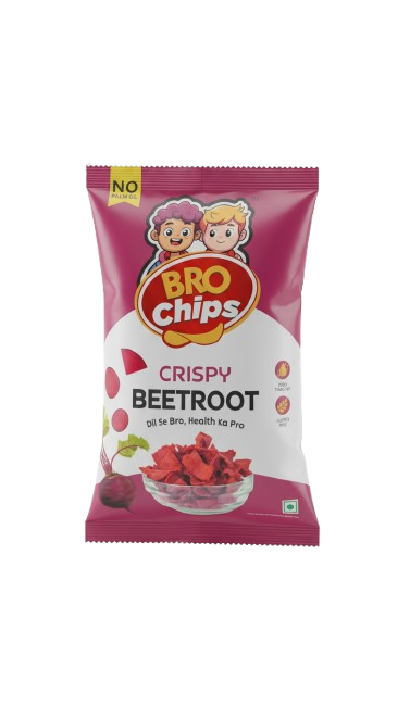 Packaging of Crispy Beetroot Bro Chips with pink and white design