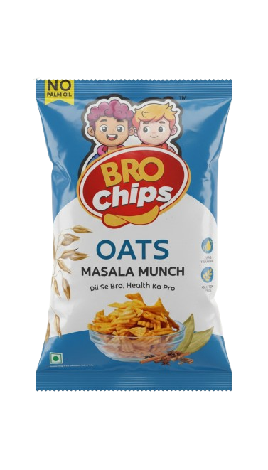 Packaging of BroChips Oats Masala Munch in Blue and White Colours
