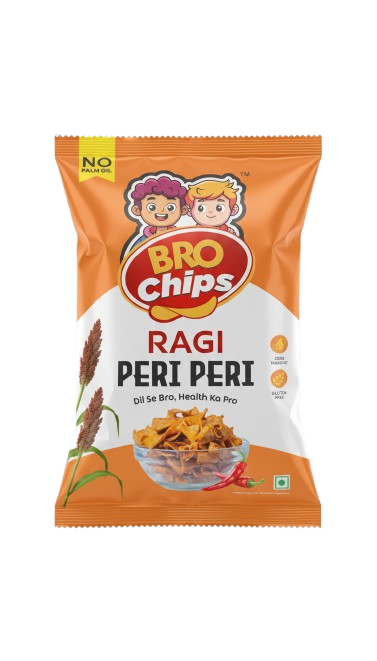 Bro Chips Ragi Peri Peri packaging of Orange and White colours.